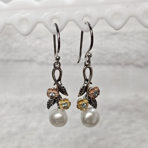 PZ Israel 925 Silver with Blue Topaz and Freshwater Pearls Drop Earrings - Picture 6 of 15
